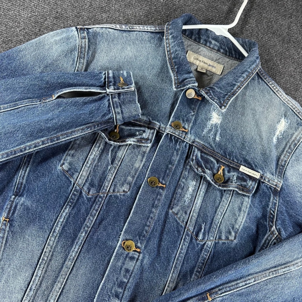 Calvin Klein Jeans Denim Jacket Mens M Medium Blue Distressed Trucker Outerwear